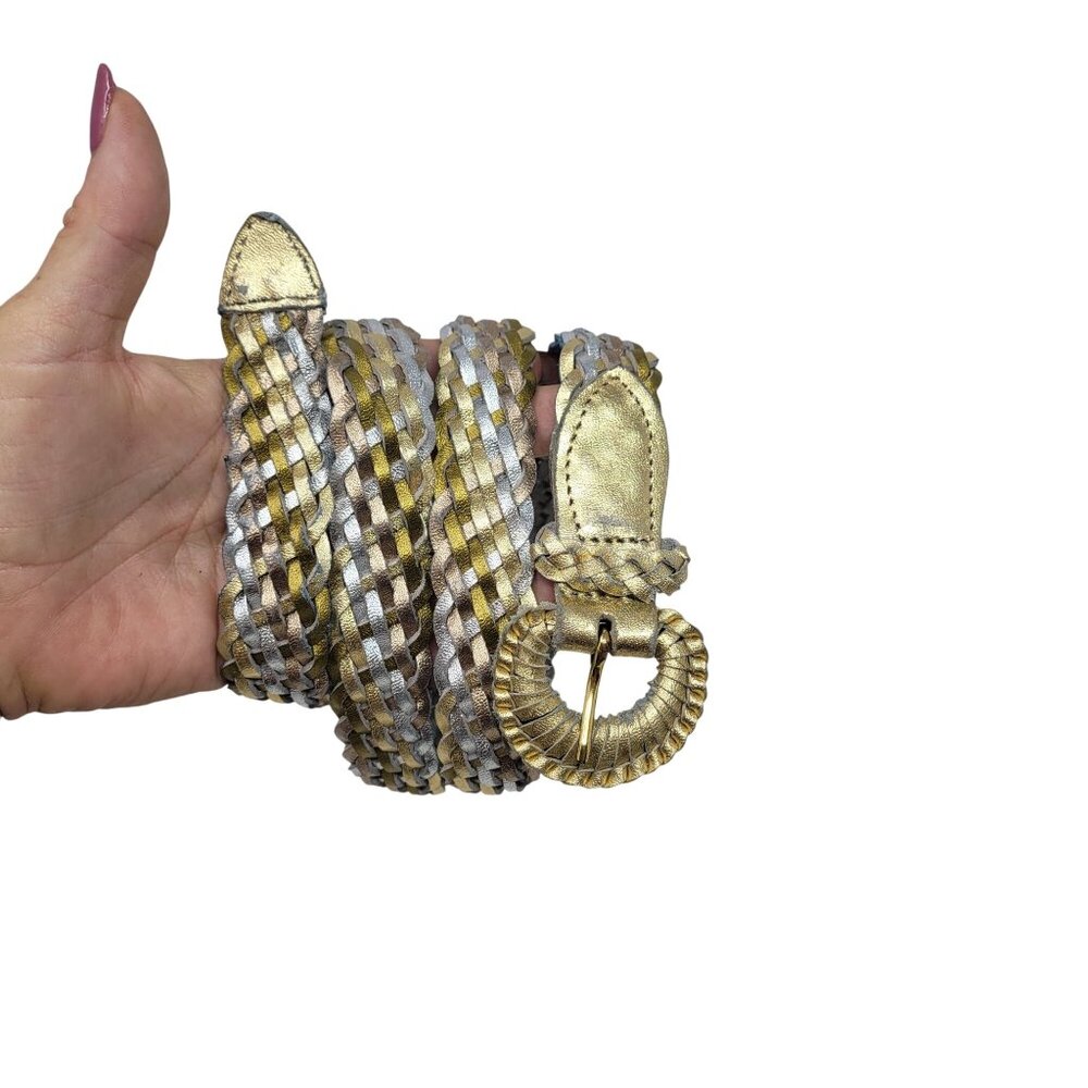 Vtg Metallic Gold‎ Silver Platinum Braided Leather Belt Sz XL Western Glam Disco